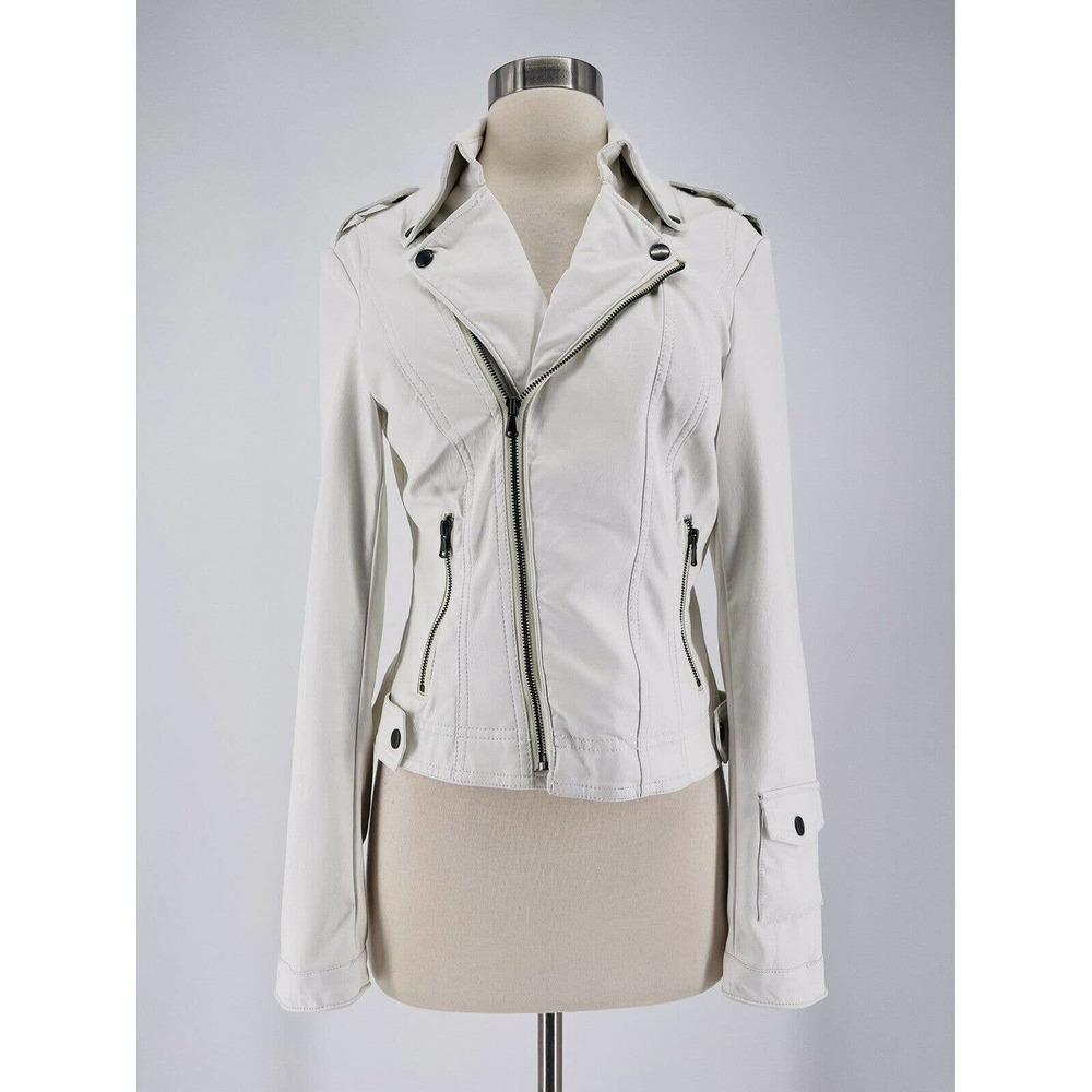 Anthropologie JKT Moto Jacket White Vegan Leather Zip Pockets Size XS